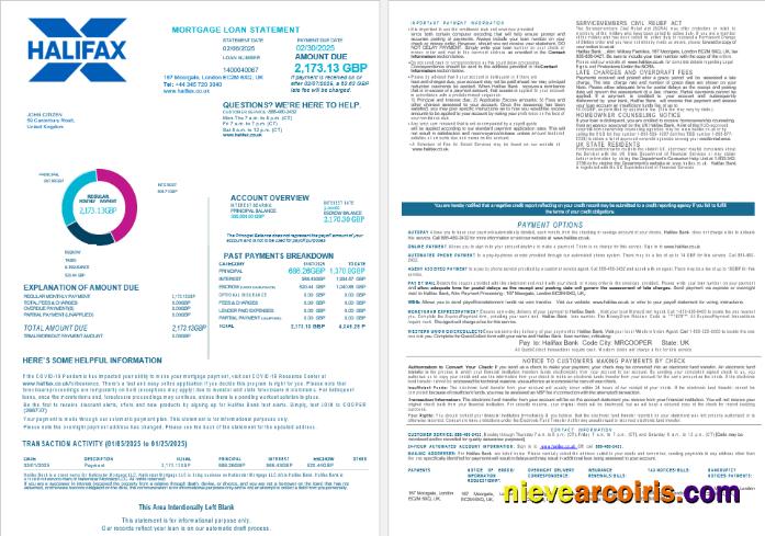 United Kingdom Halifax bank mortgage loan statement, 4 pages 1-2